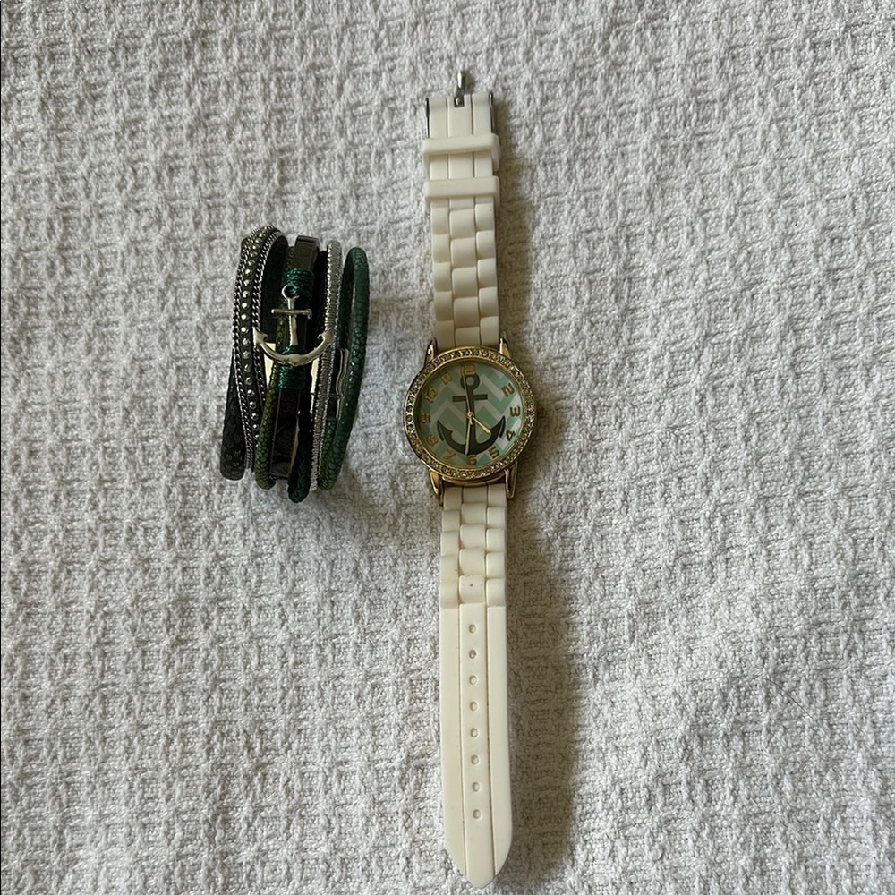 Anchor Design Women's Watch and Bracelet Set - Cream and Green costume Jewerly